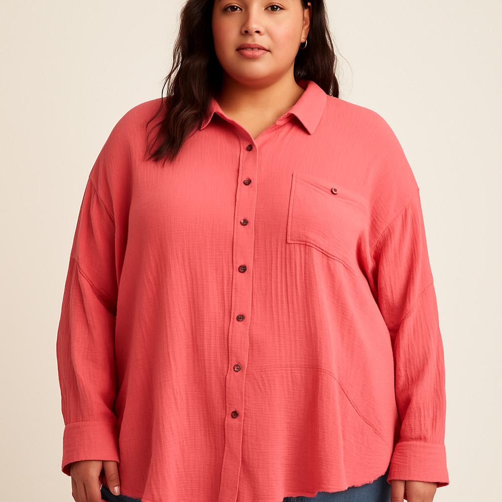 New Easel Los Angeles 2X Coral Pink Gauze Cotton Button Front Top Oversized - Picture 2 of 16